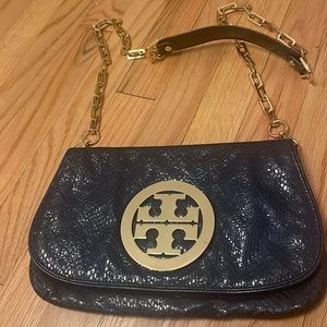 Tory Burch blue snakeskin reva handbag with gold chain